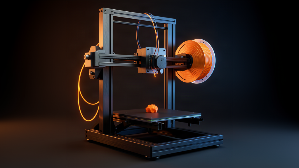 3D printer mid-print, glowing orange filament